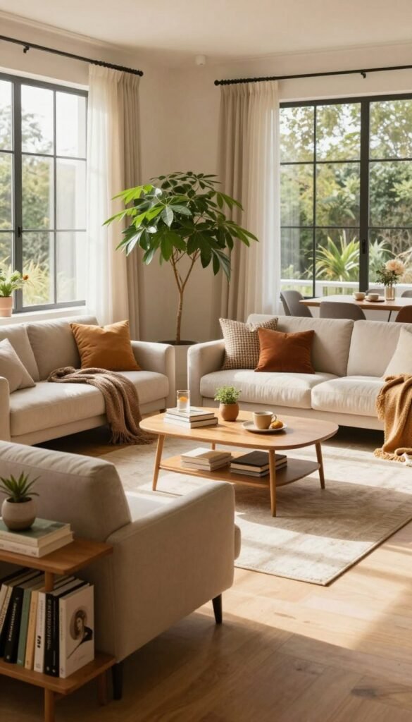 A modern living room divided into functional zones, showcasing a warm color palette with natural light filtering through large windows. In the foreground, a cozy reading nook features a plush armchair and a small bookshelf filled with books. The middle section displays a stylish sofa arrangement with decorative cushions, accompanied by a coffee table and a lush indoor plant for a touch of greenery. The background includes an elegant dining area with a minimalist table set for two, emphasizing a cozy atmosphere. The overall mood is inviting and productive, embodying the concept of versatile space division. The design reflects a Pinterest-worthy aesthetic, harmonizing comfort and functionality. Include the brand name "WohnKiste" subtly integrated into the decor elements without direct branding.