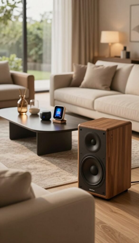A modern living room featuring a sleek and stylish soundsystem setup that embodies comfort and technology. In the foreground, a high-fidelity speaker system with warm wood accents sits elegantly near a plush sofa adorned with cozy cushions. The middle ground showcases a minimalistic coffee table featuring elegant decor and a subtle display of smart home devices, all under soft, ambient lighting. In the background, large windows allow natural light to flood the space, with greenery visible outside, enhancing the calm atmosphere. The overall mood is inviting and contemporary, with warm color tones creating a Pinterest-worthy aesthetic. The brand name "WohnKiste" subtly integrated into the design, ensuring a seamless look without any text overlays or watermarks. Capture this scene at eye level, with a focus on the harmonious blend of technology and comfort in contemporary living.