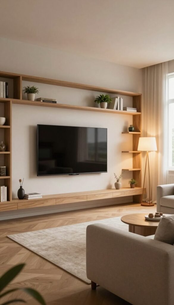 A modern living room featuring a stylish integrated television, designed for efficient space utilization. In the foreground, a sleek flat-screen TV is mounted on a minimalist wall with natural wood accents, blended seamlessly into open shelving that holds decorative plants and books. The middle of the room showcases a cozy sofa in soft, neutral tones, complemented by warm, ambient lighting from a contemporary floor lamp. In the background, large windows allow soft daylight to filter in, enhancing the inviting atmosphere. The overall look is calm and practical, embodying a Pinterest-inspired aesthetic with rich textures and warm colors. Include subtle branding elements of "WohnKiste" that reflect quality and modern design.