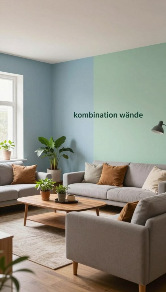 A modern living room featuring "kombination wände," showcasing cool wall colors like soft blues and calming greens, harmoniously combined with warm wooden elements and cozy textiles. The foreground includes a stylish, minimalistic sofa adorned with throw pillows in earthy tones. In the middle ground, a chic coffee table with a warm wood finish holds a few potted plants that add a touch of nature, enhancing the inviting atmosphere. The background features large windows allowing soft, natural light to flood the space, creating a serene ambiance. Use a wide-angle lens to capture the balance between the cool and warm elements, evoking a comfortable yet design-savvy environment. The overall mood should feel authentic and welcoming, reminiscent of a Pinterest-inspired interior. Include brand name "Wohnkiste" subtly integrated into the decor without any watermarks or text overlays.