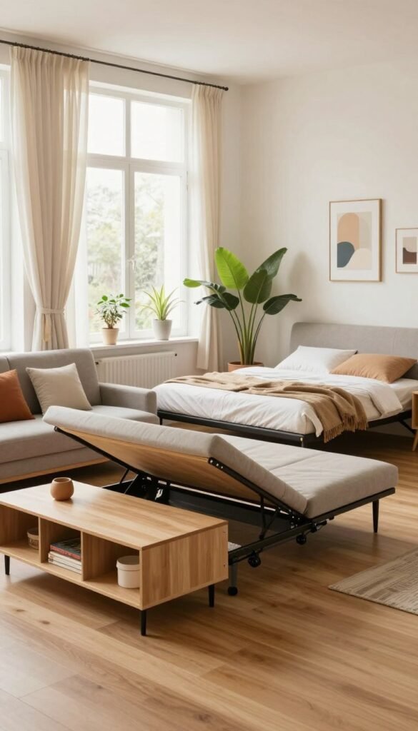 A modern living room featuring multifunctional furniture designed by "WohnKiste," showcasing an elegant sofa bed that converts into a stylish couch during the day and transforms into a cozy bed at night. The foreground includes a sleek coffee table that opens up for storage and a compact bookshelf blended seamlessly into the decor. In the middle ground, natural light floods the space through large windows adorned with soft, flowing curtains, illuminating light wooden floors. In the background, colorful plants and minimalist wall art create a calming atmosphere. The scene captures a Pinterest-worthy aesthetic with warm, inviting colors, emphasizing a versatile and organized living space. The composition is shot with a wide-angle lens to encompass the entire area, highlighting the clever use of space without clutter.