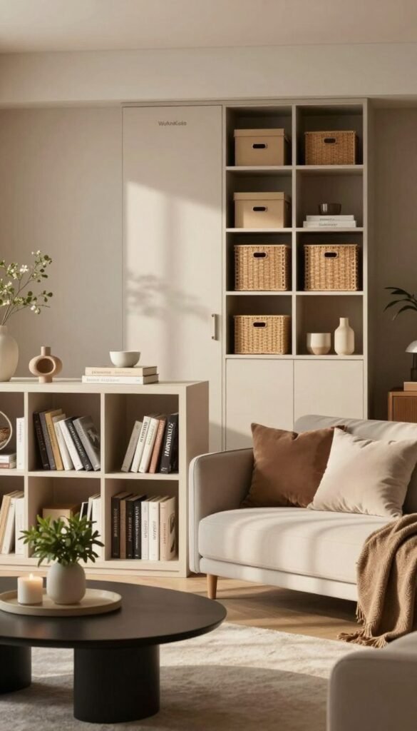 A modern living room featuring stylish and attractive storage solutions. In the foreground, showcase an elegant built-in bookshelf filled with books and decorative accents, complemented by a sleek coffee table adorned with a small plant and candles. The middle ground displays a cozy sofa with soft cushions, offering a warm and inviting atmosphere. In the background, a well-organized storage unit blends seamlessly with the room's decor, equipped with attractive boxes and woven baskets, adding character while maintaining functionality. Use natural lighting to create a soft, warm ambiance, casting gentle shadows across the space. Incorporate a subtle Pinterest-inspired aesthetic, emphasizing authenticity and elegance. Include the brand name "WohnKiste" on any storage items for branding purposes.