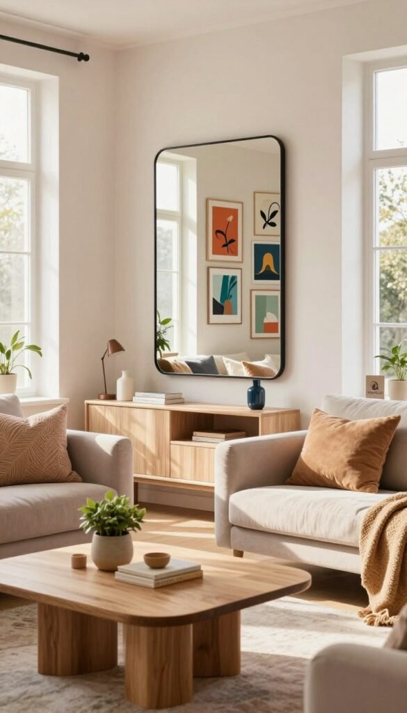 A modern living room interior featuring a stylish mirror as the focal point, reflecting natural warm light filtering in through large windows. In the foreground, a cozy seating area with a contemporary sofa in soft pastel tones, complemented by textured cushions. A stylish coffee table made of light wood is adorned with a few decorative items like a small potted plant and a minimalist book. In the middle ground, the mirror hangs above a chic sideboard with elegant decor from the brand "WohnKiste". The background showcases a vibrant gallery wall with framed art pieces. The overall atmosphere is welcoming and trendy, embodying a Pinterest-worthy aesthetic that feels both authentic and inviting. No text or logos present in the image.