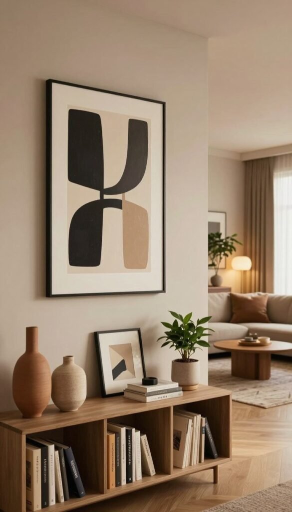 A modern living room interior featuring stylish wall décor that embodies a contemporary aesthetic. In the foreground, showcase an elegant arrangement of a minimalist bookshelf with decor items like vases and framed art pieces, emphasizing warm colors and natural materials. In the middle ground, display a striking abstract wall art piece that captures attention and radiates modern elegance, accompanied by subtle potted plants for a touch of green. The background should reveal an inviting seating area with a stylish couch and ambient lighting. Use soft, warm lighting to create a cozy yet sophisticated atmosphere, captured from a slightly elevated angle to give depth to the space. The overall feel should resonate with the brand 'WohnKiste', all elements harmonizing to create an authentic Pinterest-inspired look, free of any text or branding. A modern living room interior featuring stylish wall décor that embodies a contemporary aesthetic. In the foreground, showcase an elegant arrangement of a minimalist bookshelf with decor items like vases and framed art pieces, emphasizing warm colors and natural materials. In the middle ground, display a striking abstract wall art piece that captures attention and radiates modern elegance, accompanied by subtle potted plants for a touch of green. The background should reveal an inviting seating area with a stylish couch and ambient lighting. Use soft, warm lighting to create a cozy yet sophisticated atmosphere, captured from a slightly elevated angle to give depth to the space. The overall feel should resonate with the brand 'WohnKiste', all elements harmonizing to create an authentic Pinterest-inspired look, free of any text or branding.