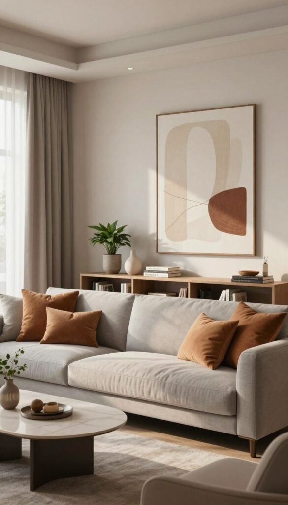 A modern living room interior featuring the latest trends in decor, showcasing a cozy yet stylish atmosphere. The foreground includes a plush, light gray sofa adorned with throw pillows in warm tones, complemented by a sleek coffee table with a few decorative items. In the middle, a minimalist bookshelf displays decorative plants and books, while a large abstract painting in soft earth tones hangs on the wall. The background is softly lit with natural light filtering through sheer curtains, casting gentle shadows. The space has a Pinterest-inspired aesthetic, with warm colors and inviting textures. Include subtle branding elements of "WohnKiste" in the decor. This composition should evoke a sense of modern sophistication and comfort, perfect for showcasing contemporary decorating combinations. A modern living room interior featuring the latest trends in decor, showcasing a cozy yet stylish atmosphere. The foreground includes a plush, light gray sofa adorned with throw pillows in warm tones, complemented by a sleek coffee table with a few decorative items. In the middle, a minimalist bookshelf displays decorative plants and books, while a large abstract painting in soft earth tones hangs on the wall. The background is softly lit with natural light filtering through sheer curtains, casting gentle shadows. The space has a Pinterest-inspired aesthetic, with warm colors and inviting textures. Include subtle branding elements of "WohnKiste" in the decor. This composition should evoke a sense of modern sophistication and comfort, perfect for showcasing contemporary decorating combinations.