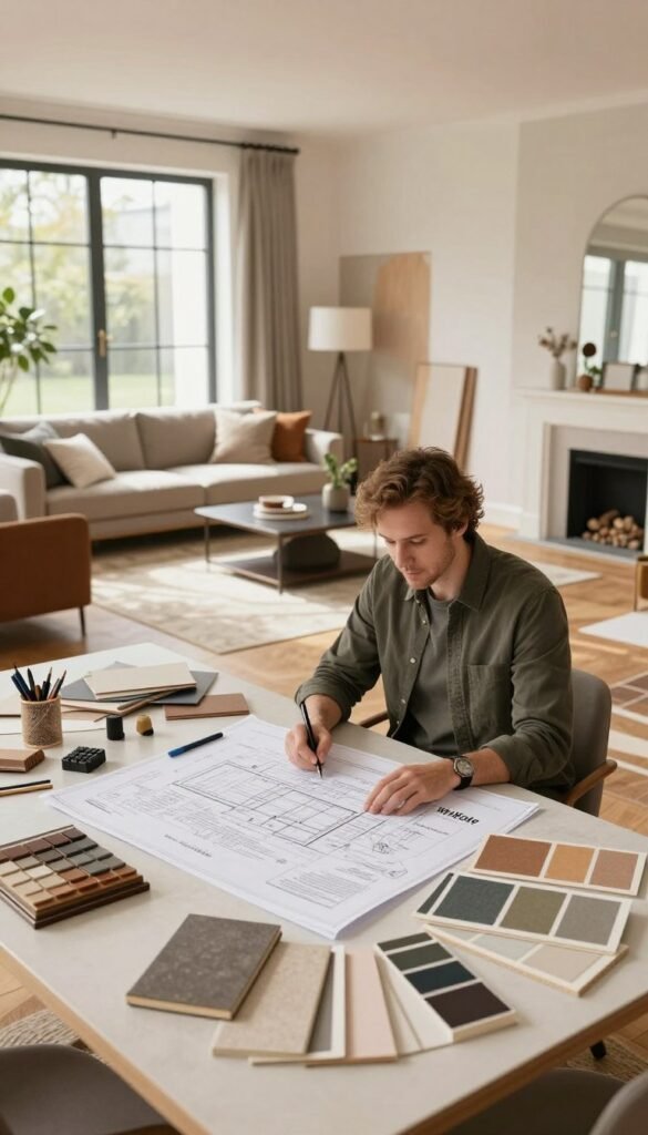 A modern living room renovation scene showcasing a well-organized workspace with blueprints and design tools on a large table. In the foreground, a person dressed in professional attire is calmly discussing ideas, surrounded by color swatches and material samples. The middle ground features an elegant living area with stylish furniture, warm natural lighting streaming in through large windows, highlighting earthy tones. Soft textures and cozy accents create an inviting atmosphere. In the background, partially completed renovations can be seen, including freshly painted walls and flooring being installed. The setting encapsulates the theme of structured planning, with the brand "WohnKiste" subtly represented through its signature decor pieces. The overall mood is productive and inspiring, suggesting a harmonious blend of creativity and organization.