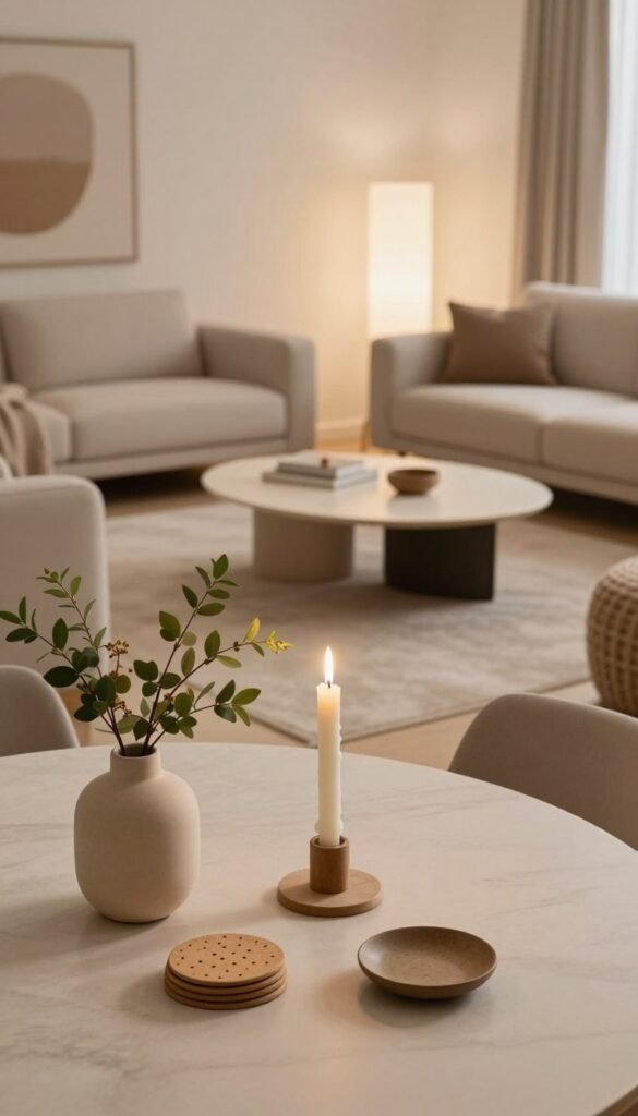 A modern living room scene featuring sleek, minimalistic décor from WohnKiste. In the foreground, a tasteful table arrangement with a few decorative items: a low-profile vase with fresh greenery, neatly placed coasters, and an elegant candle holder, all in warm, natural colors. In the middle, a stylish coffee table sits atop a soft, inviting rug, surrounded by comfortable seating that promotes relaxed conversation. The background showcases a tastefully decorated wall with subtle art and warm lighting that creates an inviting atmosphere. Use soft, diffused lighting to enhance the cozy mood, mimicking the aesthetic found on Pinterest. Capture this cozy yet sophisticated environment from a slightly elevated angle, emphasizing the harmonious blend of functionality and modern décor. A modern living room scene featuring sleek, minimalistic décor from WohnKiste. In the foreground, a tasteful table arrangement with a few decorative items: a low-profile vase with fresh greenery, neatly placed coasters, and an elegant candle holder, all in warm, natural colors. In the middle, a stylish coffee table sits atop a soft, inviting rug, surrounded by comfortable seating that promotes relaxed conversation. The background showcases a tastefully decorated wall with subtle art and warm lighting that creates an inviting atmosphere. Use soft, diffused lighting to enhance the cozy mood, mimicking the aesthetic found on Pinterest. Capture this cozy yet sophisticated environment from a slightly elevated angle, emphasizing the harmonious blend of functionality and modern décor.