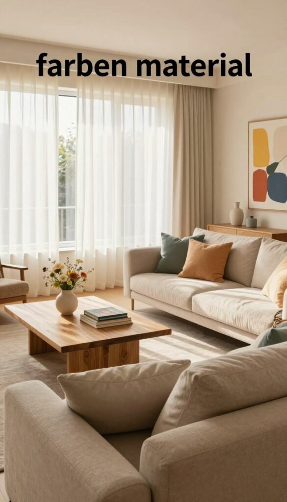 A modern living room scene that embodies "farben material", showcasing a harmonious blend of warm colors and textures. In the foreground, a plush, neutral-toned sofa adorned with colorful throw pillows in soft pastel shades. In the middle ground, a stylish coffee table made from natural wood, displaying elegant decor items such as a small vase with fresh flowers and a few art books. The background features a large window draped with sheer, light-filtering curtains, allowing for ample sunlight to create a warm, inviting atmosphere. The walls are painted in a soft beige, accented with an abstract art piece in vibrant colors. The composition is cozy and inviting, with a soft focus to enhance the tranquility of the scene. Captured with a wide-angle lens to provide a spacious feel, reminiscent of a Pinterest-worthy interior design. Brand style: WohnKiste. A modern living room scene that embodies "farben material", showcasing a harmonious blend of warm colors and textures. In the foreground, a plush, neutral-toned sofa adorned with colorful throw pillows in soft pastel shades. In the middle ground, a stylish coffee table made from natural wood, displaying elegant decor items such as a small vase with fresh flowers and a few art books. The background features a large window draped with sheer, light-filtering curtains, allowing for ample sunlight to create a warm, inviting atmosphere. The walls are painted in a soft beige, accented with an abstract art piece in vibrant colors. The composition is cozy and inviting, with a soft focus to enhance the tranquility of the scene. Captured with a wide-angle lens to provide a spacious feel, reminiscent of a Pinterest-worthy interior design. Brand style: WohnKiste.