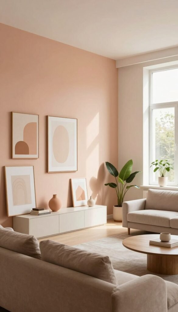A modern living room showcasing an array of wall colors and tones, emphasizing the harmony of warm hues. In the foreground, a stylish accent wall features soothing pastel colors, artfully arranged decorative elements, and a plush sofa, creating a welcoming atmosphere. The middle ground displays a bright, airy space with large windows allowing natural light to flood in, highlighting the textures of the painted walls. The background includes potted plants and minimalist décor that enhances the overall aesthetic. The lighting is soft and warm, evoking a cozy feel. Capture this scene with a wide-angle lens to emphasize depth while maintaining a Pinterest-like authenticity for "WohnKiste." The image should be devoid of any text, overlays, or watermarks, presenting a serene, modern space ideal for inspiration.