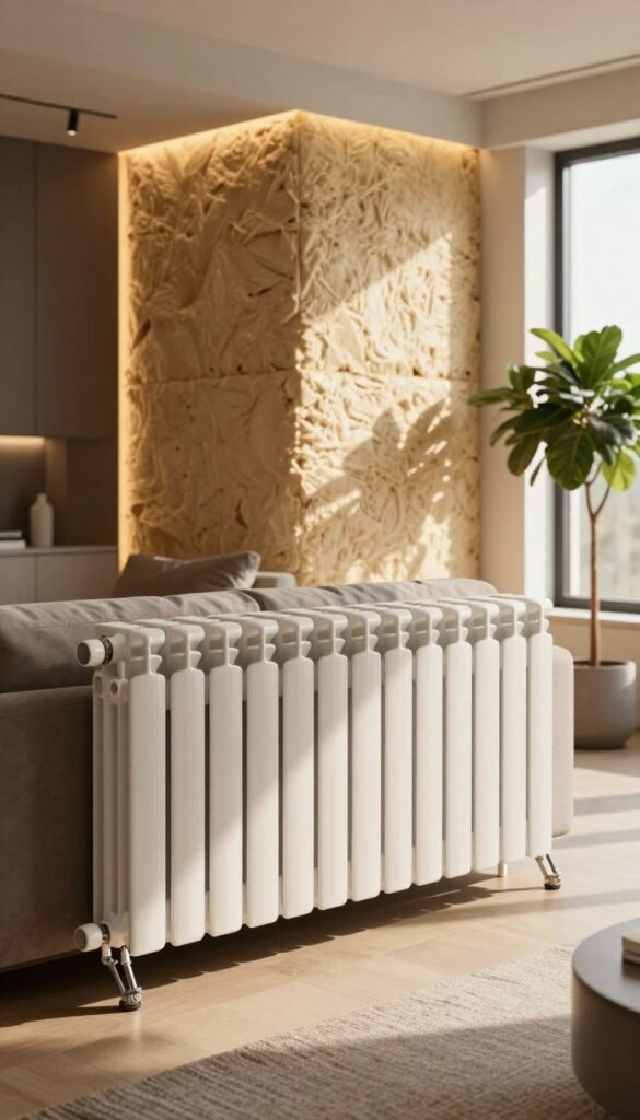 A modern living room showcasing efficient heating and insulation solutions by WohnKiste. In the foreground, a stylish radiator blends seamlessly with contemporary interior design elements, featuring neutral tones and natural textures. The middle ground displays a beautifully decorated wall with insulation panels, highlighted by warm ambient lighting that creates a cozy atmosphere. A window with sunlight beams through, illuminating the space and enhancing the feeling of comfort. In the background, a lush indoor plant adds a touch of nature, reinforcing the idea of a sustainable living space. The overall mood is inviting and stylish, embodying a modern yet practical approach to home comfort upgrades.