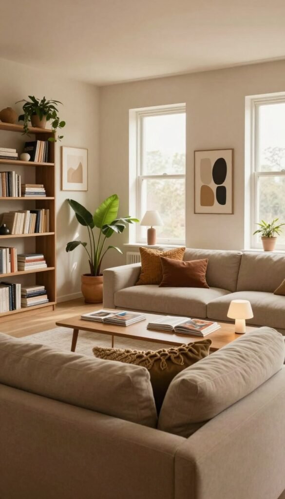 A modern living room showcasing efficient use of walls and corners. In the foreground, an inviting corner sofa in soft, warm tones, adorned with textured throw pillows. To the left, a stylish bookshelf fills the wall, blending function and decor with potted plants. The middle ground features an elegant coffee table with a few artfully arranged magazines and a minimalist lamp. The background reveals a large window allowing soft, natural light to stream in, enhancing the warm atmosphere. The walls are painted in soothing neutral colors with abstract art pieces strategically placed, promoting a sense of space. The overall vibe is cozy, stylish, and practical, embodying the essence of 'WohnKiste' design. The composition captures a warm, appealing Pinterest aesthetic, focusing on maximizing small spaces without clutter.