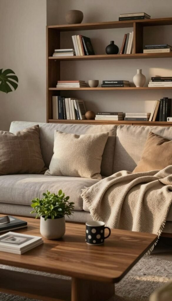A modern living space designed by WohnKiste, showcasing a balance between order and chaos. In the foreground, a sleek wooden coffee table cluttered with minimalist decor items, such as a small potted plant and a stylish coffee mug. In the middle ground, a cozy sofa adorned with neatly arranged, textured cushions and a soft throw blanket, inviting relaxation. The background features an open shelving unit displaying books and decorative pieces, with a few items haphazardly placed, illustrating the concept of disorder in modern homes. The lighting is soft and warm, casting gentle shadows and highlighting earthy tones throughout the room. The atmosphere is inviting yet reflects the struggle of maintaining order in contemporary living spaces.