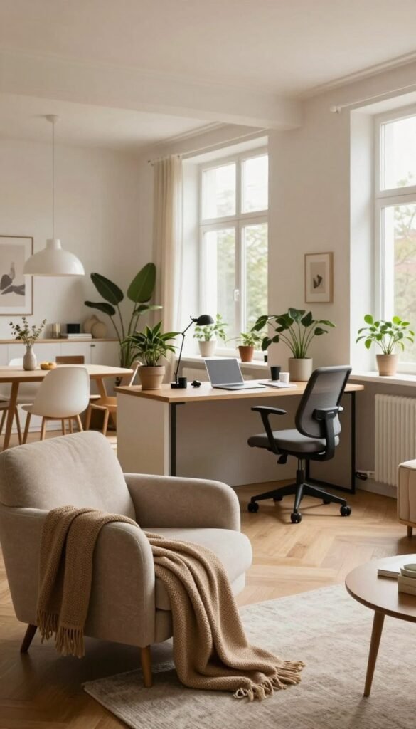 A modern living space designed for optimal Raumplanung, featuring distinct zones for relaxation and work. In the foreground, a cozy reading nook with a plush armchair and soft throw, adorned with warm, natural colors. In the middle, a stylish workspace with a minimalist desk, ergonomic chair, and a few decorative plants, promoting a balanced environment. The background showcases an open-plan layout, merging the dining area with the living space, illuminated by soft natural light pouring through large windows. The entire scene reflects a Pinterest-inspired aesthetic, with authentic decor pieces and an inviting atmosphere. Ensure the image embodies a feeling of calm and functionality, capturing the essence of contemporary apartment living. Incorporate subtle branding of "WohnKiste" in the decor, enhancing the overall cohesion without adding text.
