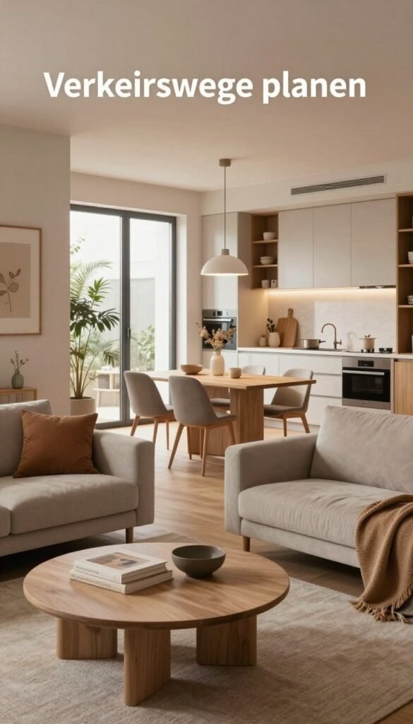 A modern living space designed for optimal traffic flow, featuring a well-organized open-plan layout. In the foreground, a cozy living room area with a plush sofa and stylish coffee table. The middle ground showcases a seamless transition to a dining area with a contemporary table set, surrounded by simple but elegant decor. The background reveals a well-lit kitchen with clean lines and natural materials, emphasizing functionality. Soft, warm lighting enhances the inviting atmosphere while large windows bring in soft natural light. The color palette includes earthy tones and subtle pastels for a Pinterest-worthy aesthetic. Capture this scene in a harmonious, authentic style that embodies the principles of "Verkehrswege planen" by WohnKiste, emphasizing flow and comfort without any textual distractions.
