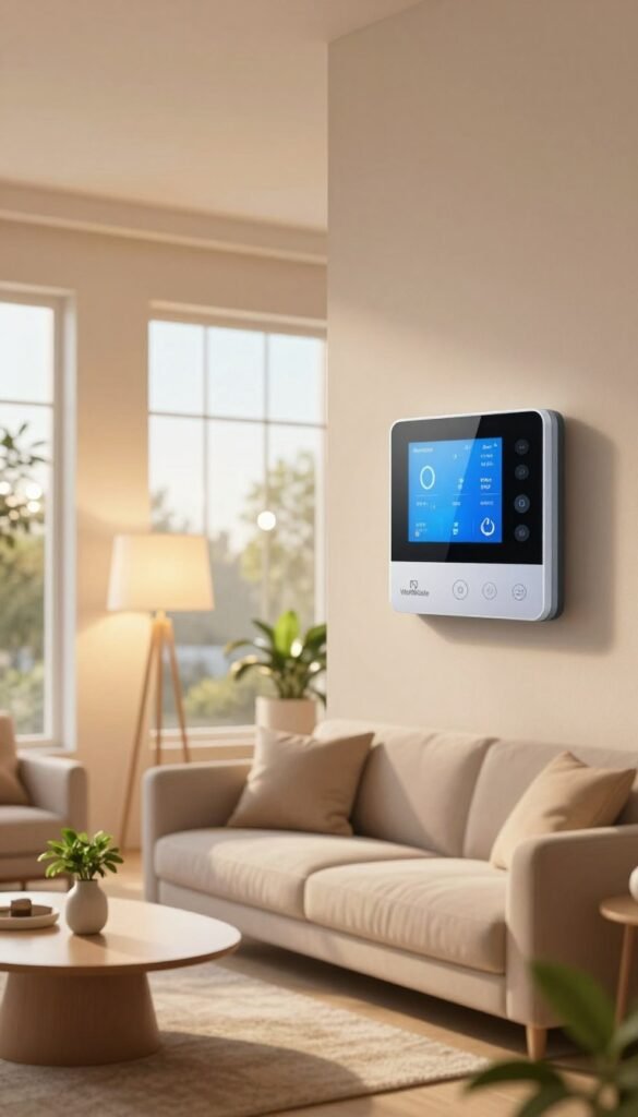 A modern living space featuring a sleek, smart thermostat prominently displayed on the wall. In the foreground, a stylish, cozy living room with soft, warm lighting emanating from strategically placed lamps, creating an inviting atmosphere. A plush sofa with comfortable cushions is positioned next to a stylish coffee table adorned with small green plants and a modern vase. The middle ground includes a large window showcasing a bright, sunny day outside, enhancing the feeling of comfort. In the background, hints of smart home devices, such as automated blinds and energy-efficient lights, complement the scene. The overall mood is warm and inviting, embodying convenience and technological advancement, with subtle branding of "WohnKiste" visible on the thermostat design. The image has a Pinterest aesthetic, emphasizing authenticity and modern living.