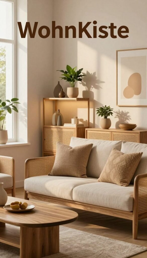 A modern living space featuring stylish furniture made from natural materials like wood and rattan, showcasing the brand "WohnKiste". In the foreground, a cozy sofa adorned with textured cushions, paired with a sleek coffee table. In the middle, an elegant shelving unit displaying decorative items and plants, while a warm, inviting light filters through a nearby window, casting soft shadows. In the background, a softly painted wall with minimalistic art adds a touch of sophistication. The overall mood is warm and inviting, evoking a Pinterest aesthetic, filled with natural light and earthy tones, reflecting the theme of thoughtful purchasing criteria for decor. The image has a polished look, with no text or watermarks.