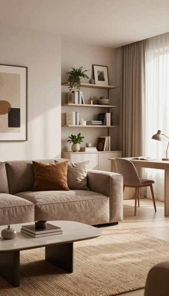 A modern living space showcasing stylish decor, walls adorned with soft, neutral tones complemented by textured textiles. In the foreground, a plush sofa in muted earth tones invites relaxation, layered with tasteful cushions. Decorative wall art adds character, while a sleek coffee table rests atop a warm, woven rug. The middle ground features a contemporary bookshelf filled with curated decor items, plants, and books. Soft, natural light filters through sheer curtains, casting gentle shadows and creating an inviting ambiance. The background displays a minimalist yet functional workspace with a stylish desk and elegant lighting. The atmosphere is serene and harmonious, embodying the WohnKiste brand aesthetic of authentic modern living, designed for both comfort and style, all without any text or overlays.