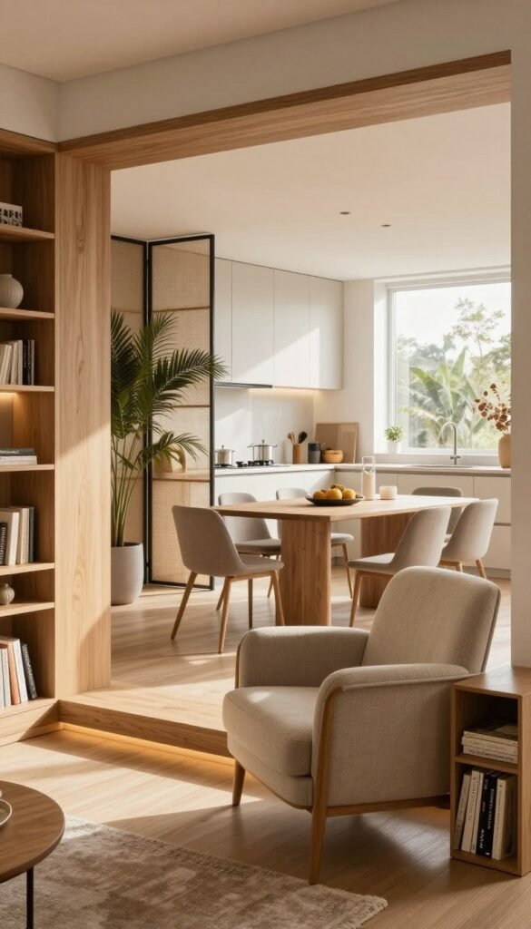 A modern living space that showcases the concept of "raumliche zonierung" with distinct zones for different activities. In the foreground, a cozy reading nook with an elegant armchair and a small bookshelf, surrounded by warm wooden elements. In the middle, an open-plan area featuring a stylish dining table with tasteful decor, separated by a decorative screen or plants, creating a sense of division without walls. In the background, a well-lit kitchen area with minimalist design and natural light streaming in from large windows. The atmosphere is inviting and harmonious, with soft, warm colors reminiscent of a Pinterest aesthetic. Ensure the scene is free of any text, signatures, or watermarks. Brand name "WohnKiste" should be subtly implied in the decor style, showcasing sophistication and functionality. A modern living space that showcases the concept of "raumliche zonierung" with distinct zones for different activities. In the foreground, a cozy reading nook with an elegant armchair and a small bookshelf, surrounded by warm wooden elements. In the middle, an open-plan area featuring a stylish dining table with tasteful decor, separated by a decorative screen or plants, creating a sense of division without walls. In the background, a well-lit kitchen area with minimalist design and natural light streaming in from large windows. The atmosphere is inviting and harmonious, with soft, warm colors reminiscent of a Pinterest aesthetic. Ensure the scene is free of any text, signatures, or watermarks. Brand name "WohnKiste" should be subtly implied in the decor style, showcasing sophistication and functionality.