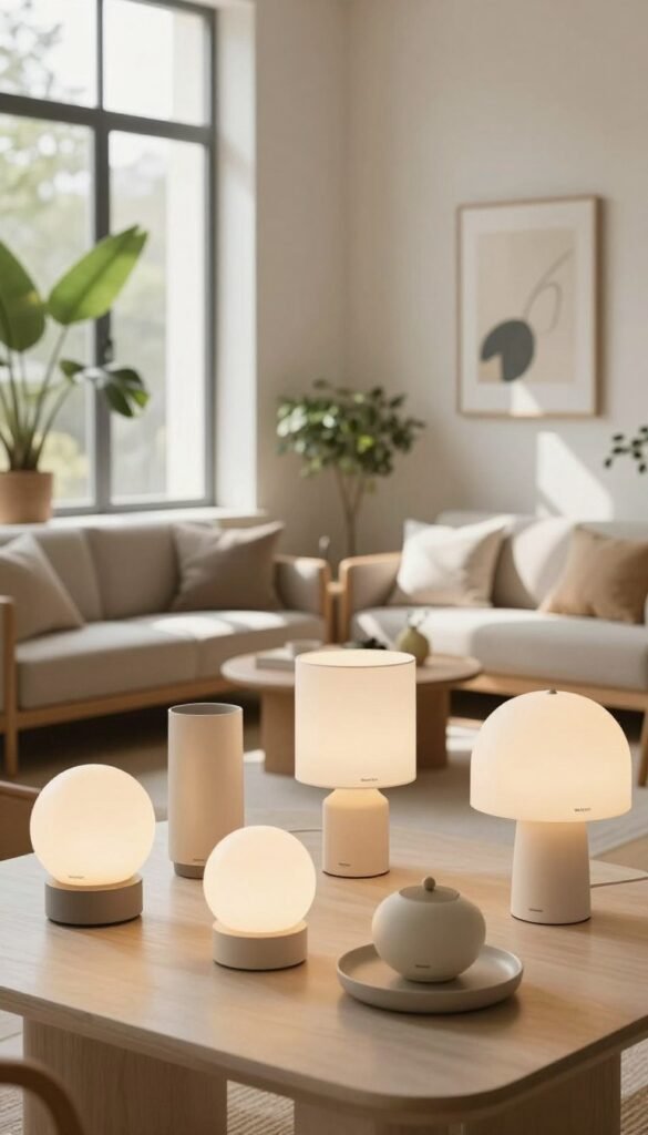 A modern, serene room showcasing a selection of light products, epitomizing clarity and sophistication. In the foreground, a beautifully arranged table displays a variety of stylish lamps and decor from the brand "WohnKiste," featuring both budget-friendly and premium options. The middle ground features a cozy seating area with minimalist furniture, accentuated by natural light streaming through large windows, casting soft shadows. In the background, elegant wall art and plants add a touch of greenery and warmth, creating an inviting atmosphere. The scene is bathed in warm colors, evoking a Pinterest-inspired aesthetic that feels authentic and harmonious. Use a soft focus lens to enhance the peaceful mood, emphasizing the balance between functionality and design, ensuring the image is free of text and distractions. A modern, serene room showcasing a selection of light products, epitomizing clarity and sophistication. In the foreground, a beautifully arranged table displays a variety of stylish lamps and decor from the brand "WohnKiste," featuring both budget-friendly and premium options. The middle ground features a cozy seating area with minimalist furniture, accentuated by natural light streaming through large windows, casting soft shadows. In the background, elegant wall art and plants add a touch of greenery and warmth, creating an inviting atmosphere. The scene is bathed in warm colors, evoking a Pinterest-inspired aesthetic that feels authentic and harmonious. Use a soft focus lens to enhance the peaceful mood, emphasizing the balance between functionality and design, ensuring the image is free of text and distractions.