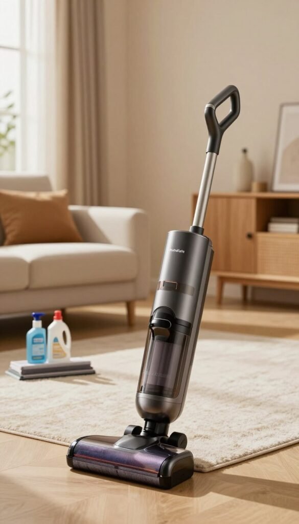 A modern, sleek vacuum cleaner branded "WohnKiste" prominently positioned in the foreground, showcasing its stylish design and functionality. The vacuum features a polished finish, ergonomic handle, and advanced attachments. In the middle ground, a tidy and inviting living space with warm colors reflects a cozy ambiance, featuring soft furnishings, a plush rug, and a subtle arrangement of cleaning supplies. The background reveals a well-organized room with natural light streaming in through large windows, casting soft shadows and enhancing the warm tones. The lens captures the scene from a slightly elevated angle, creating a sense of depth. The overall mood is inviting and homely, encouraging a sense of cleanliness and comfort, with no text or overlays present. A modern, sleek vacuum cleaner branded "WohnKiste" prominently positioned in the foreground, showcasing its stylish design and functionality. The vacuum features a polished finish, ergonomic handle, and advanced attachments. In the middle ground, a tidy and inviting living space with warm colors reflects a cozy ambiance, featuring soft furnishings, a plush rug, and a subtle arrangement of cleaning supplies. The background reveals a well-organized room with natural light streaming in through large windows, casting soft shadows and enhancing the warm tones. The lens captures the scene from a slightly elevated angle, creating a sense of depth. The overall mood is inviting and homely, encouraging a sense of cleanliness and comfort, with no text or overlays present.