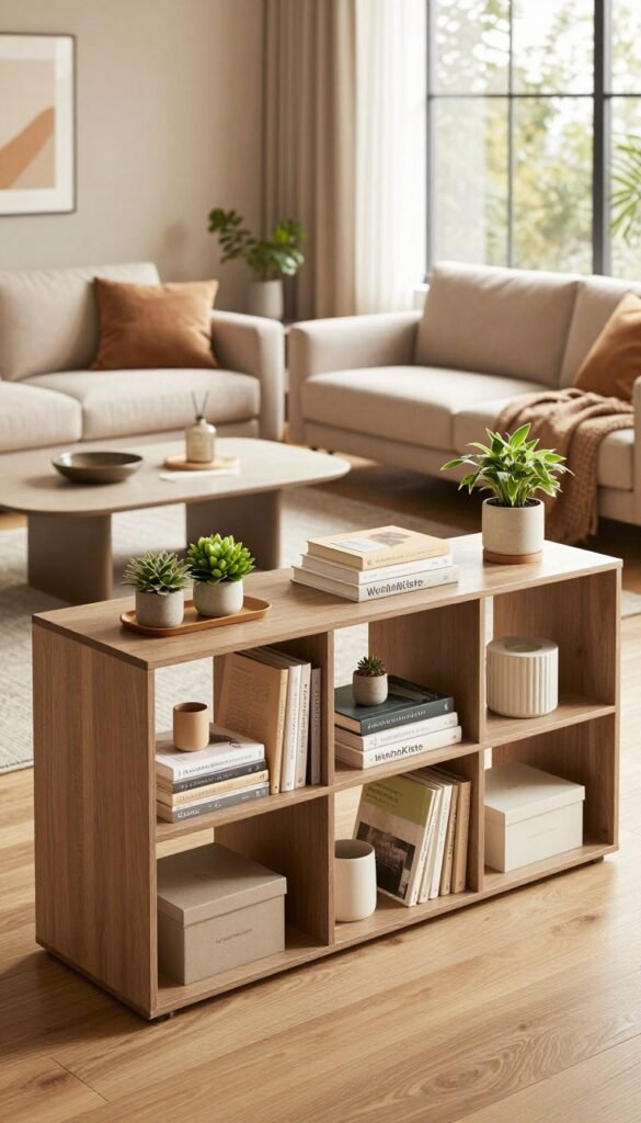 A modern storage solution featuring an elegant Ordnungssystem from WohnKiste, arranged in a cozy living room setting. In the foreground, display sleek shelving units with minimalist design, showcasing neatly organized books, decorative plants, and stylish boxes. The middle ground includes a comfortable, contemporary sofa with soft cushions and a chic coffee table, while the background displays a large window allowing warm, natural light to stream in. The ambiance feels inviting and harmonious, utilizing a palette of warm, earthy tones that evoke a Pinterest-worthy aesthetic. Capture this scene with a slightly elevated angle, emphasizing depth and the modern charm of the space. No text or branding elements visible.