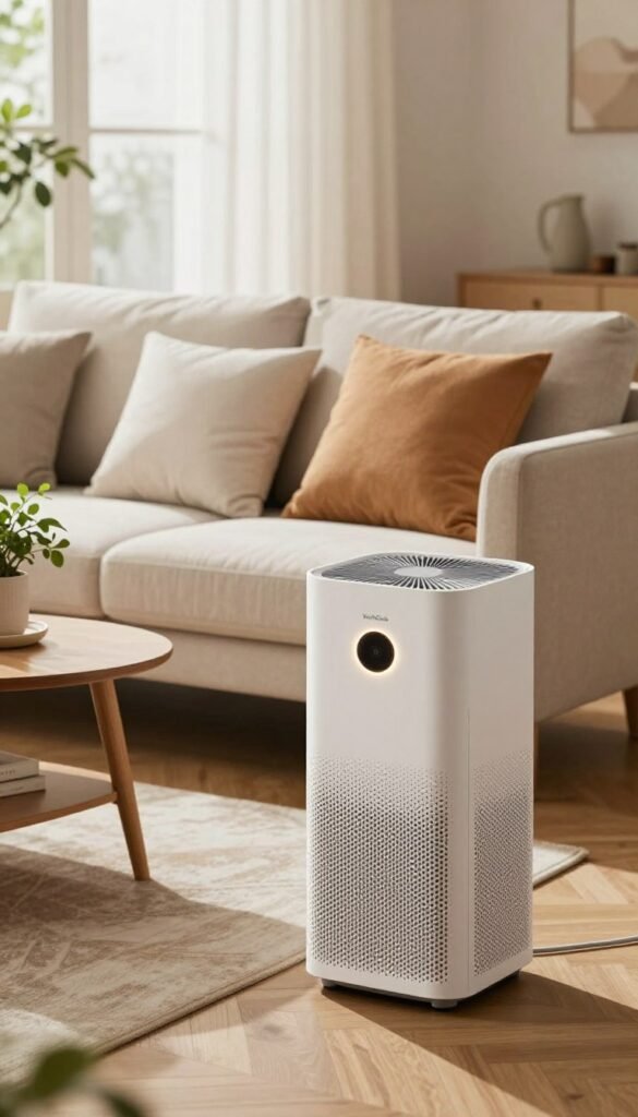 A modern, stylish air purifier branded "WohnKiste" placed elegantly in a cozy living room setting. In the foreground, the sleek, white purifier has a soft glow emanating from its control panel, highlighting its contemporary design. In the middle, a comfortable sofa adorned with organic cotton cushions is seen, complemented by a small coffee table with a potted plant, enhancing the natural, warm ambiance. The background features a large window allowing soft, natural light to fill the room, casting gentle shadows and highlighting the warm color palette. The atmosphere is inviting and serene, with an air of cleanliness and freshness, capturing the essence of reducing pollutants and maintaining a healthy home environment.