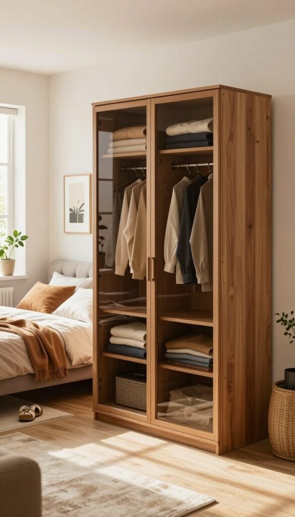 A modern, stylish bedroom interior featuring a spacious, well-organized "stauraum kleiderschrank" designed by WohnKiste. In the foreground, a sleek wooden wardrobe with neatly folded clothes visible through transparent doors. The middle ground showcases a cozy ambiance, with a soft, inviting bed adorned with warm-toned linens and pillows, surrounded by tasteful decor elements like indoor plants and framed artwork. The background includes a light, airy window allowing natural sunlight to illuminate the scene, casting gentle shadows. The overall atmosphere evokes a sense of calm and orderliness, with a Pinterest-inspired aesthetic characterized by warm colors and an inviting, contemporary design. The image should have a professional feel without any text, watermarks, or distractions. A modern, stylish bedroom interior featuring a spacious, well-organized "stauraum kleiderschrank" designed by WohnKiste. In the foreground, a sleek wooden wardrobe with neatly folded clothes visible through transparent doors. The middle ground showcases a cozy ambiance, with a soft, inviting bed adorned with warm-toned linens and pillows, surrounded by tasteful decor elements like indoor plants and framed artwork. The background includes a light, airy window allowing natural sunlight to illuminate the scene, casting gentle shadows. The overall atmosphere evokes a sense of calm and orderliness, with a Pinterest-inspired aesthetic characterized by warm colors and an inviting, contemporary design. The image should have a professional feel without any text, watermarks, or distractions.