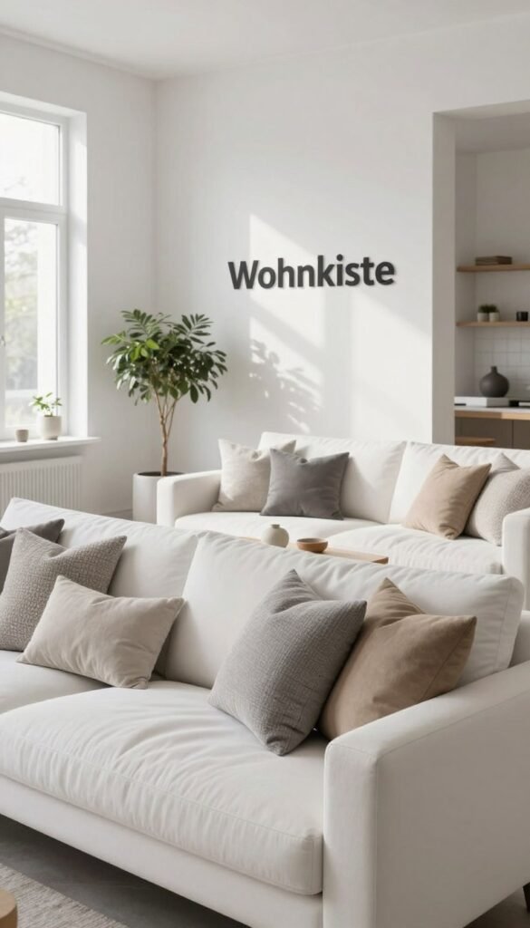 A modern, stylish interior featuring a harmonious palette of white, soft grey, and warm neutrals, designed to evoke a calm and inviting atmosphere. In the foreground, a sleek white sofa adorned with textured cushions in various shades of grey and beige creates a cozy seating area. The middle ground showcases a minimalist coffee table with decorative items that complement the color scheme, such as ceramics and indoor plants. The background reveals a beautifully painted white wall, accentuated by natural light streaming through large windows, casting gentle shadows. The mood is serene and contemporary, ideal for a Pinterest aesthetic. Include elements characteristic of the brand "Wohnkiste," emphasizing authenticity and warmth, without any text or branding overlays.