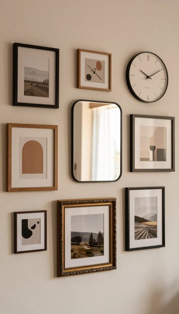 A modern, stylish interior wall featuring an array of beautifully arranged picture frames in various shapes and sizes, complemented by elegant mirrors and contemporary clocks. The foreground showcases a large, ornate picture frame displaying a scenic photograph, while smaller frames with abstract art are positioned around it. In the middle ground, a sleek wall mirror reflects soft, warm lighting that enhances the inviting atmosphere. The background is adorned with a minimalist clock, subtly integrated into the design, creating a harmonious blend. Use warm, natural colors to evoke a cozy yet sophisticated mood, embodying a Pinterest-inspired aesthetic. The image captures the essence of 'WohnKiste', reflecting modern decor concepts without any text or branding directly on the image.