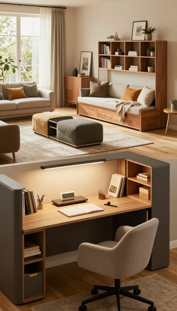A modern, stylish living space featuring innovative "Stauraum Lösungen" from the brand "WohnKiste." In the foreground, a beautifully arranged home office area showcases multifunctional storage solutions like a sleek desk with built-in shelves and a cozy armchair with hidden compartments. The middle layer reveals an organized living room with creative storage furniture such as chic storage ottomans and decorative shelving units. In the background, large windows allow warm, natural light to flood the room, enhancing the inviting atmosphere. Incorporate warm tones and a Pinterest-inspired aesthetic, showcasing how these solutions create order and reduce clutter. The scene should evoke a sense of harmony and organization, without any text or logos in the image.