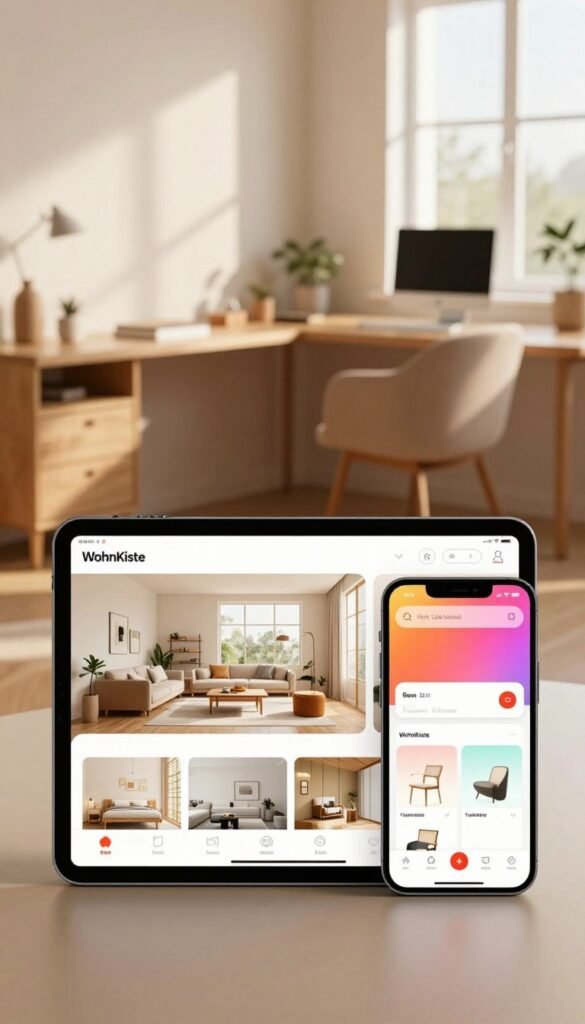 A modern tablet and smartphone are prominently displayed in the foreground, showcasing intuitive interior design apps with vibrant, user-friendly interfaces. The tablet screen features a virtual room layout, while the smartphone displays a color palette and furniture selection tool. The middle ground includes a stylish workspace with natural wood elements, a sleek desk, and a cozy chair, suggesting an inviting atmosphere. Soft, warm lighting filters through a large window in the background, casting gentle shadows and enhancing the inviting ambiance. The overall mood is creative and innovative, reflecting a Pinterest-inspired aesthetic. The brand name "WohnKiste" is subtly integrated into the design elements of the devices, ensuring an authentic touch without any text overlays.