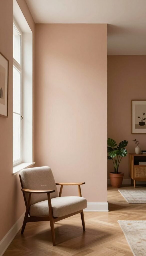 A narrow, elegantly designed room that evokes a sense of spaciousness, showcasing a harmonious blend of warm wall colors. In the foreground, a charming mid-century chair is positioned near a large window, allowing natural light to flood in, illuminating the space. The middle of the image features a unique wall treatment that visually expands the narrow space, with one wall painted in a soft, light hue and the opposite wall in a slightly darker shade to create depth. The background reveals tasteful decor elements, such as potted plants and framed art, enhancing the overall aesthetic. The mood is inviting and cozy, with a Pinterest-worthy look that feels both natural and sophisticated. The brand "Wohnkiste" is subtly incorporated into the decor, emphasizing a stylish yet comfortable environment.