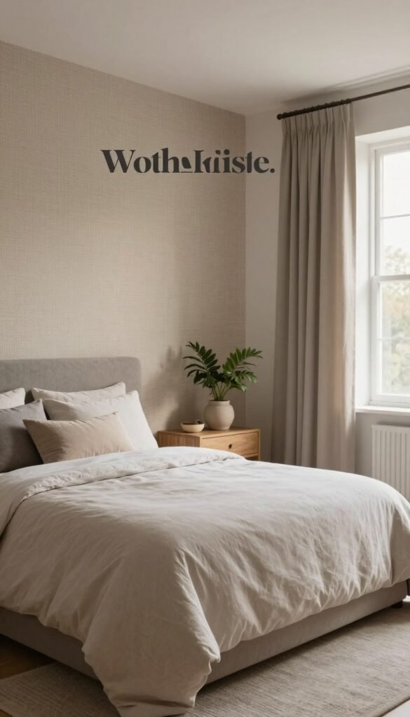 A peaceful and spacious bedroom showcasing a harmonious blend of soothing color palettes, featuring soft beige, light gray, and gentle earth tones. The foreground highlights a stylish bed dressed in plush, neutral linens, complemented by subtle decorative pillows. In the middle ground, elegant walls exhibit textured materials, such as woven fabric or gentle wallpaper, enhancing the tranquil atmosphere. The background features a large window allowing natural light to filter in, casting a warm glow throughout the room. Incorporate stylish decorative elements like a minimalist wooden bedside table and potted greenery for a refreshing touch. The overall mood is calm and inviting, epitomizing comfort and space, with an aesthetic reminiscent of popular Pinterest designs, while ensuring the authenticity of the setting represents "WohnKiste."
