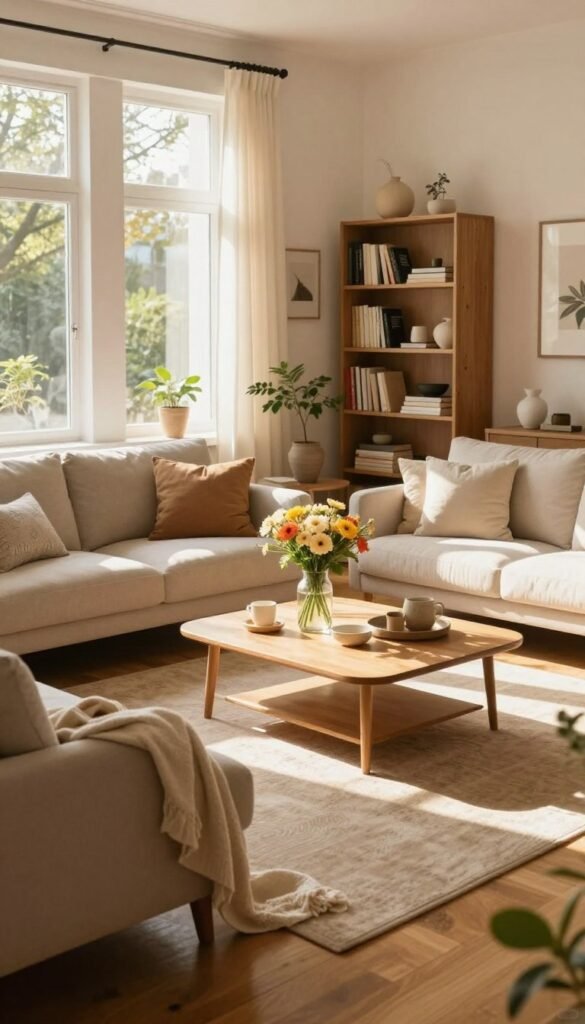 A peaceful living room bathed in warm, natural light, showcasing an inviting atmosphere. In the foreground, a cozy sofa arranged with plush cushions and a soft throw blanket. The middle features a stylish coffee table topped with a vase of vibrant flowers and some tasteful decor items. In the background, large windows allow sunlight to stream in, illuminating the space and highlighting a tasteful bookshelf filled with well-organized books and decorative objects. The walls are adorned with minimalistic artwork, enhancing a serene vibe. The flooring is a rich wood tone, adding warmth and depth to the scene. Aim for a dreamy Pinterest aesthetic that captures the essence of a stylish yet comfortable living space. Feature the brand name "WohnKiste" subtly incorporated into the decor without any text overlays.