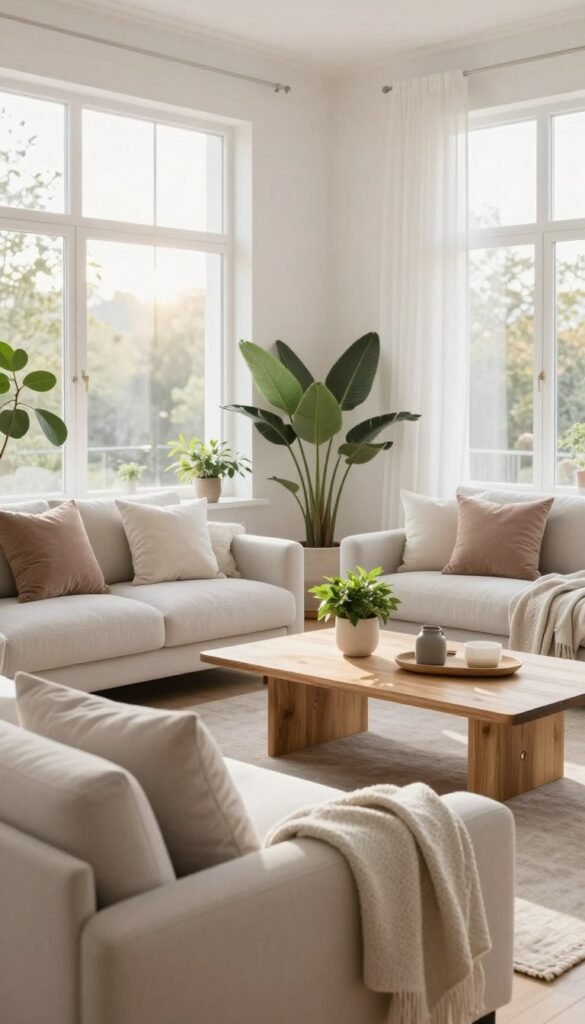 A serene Scandinavian interior, showcasing a bright, airy living space accentuated by large windows that allow soft, natural light to fill the room. The foreground features a cozy, minimalist sofa adorned with textured pillows and a lightweight throw. In the middle ground, a stylish wooden coffee table holds a few carefully placed green plants and elegant decorative items, exuding a sense of calm. The background reveals a soothing color palette of whites and soft pastels, enhancing the feeling of spaciousness. A warm glow from the sunlight streaming through the windows adds an inviting ambiance, creating a peaceful atmosphere that epitomizes the essence of Scandinavian design. Include elements like natural wood and textile materials, ensuring an authentic Pinterest-inspired look. Prominently feature the brand name "Wohnkiste" in the arrangements, while keeping the image free of any text or watermarks.