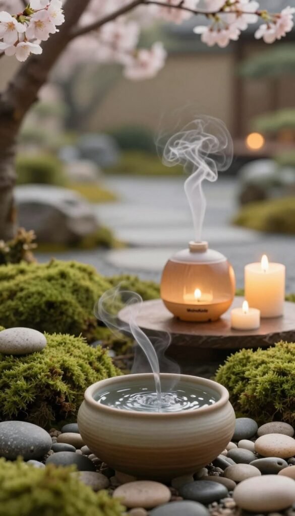 A serene Zen-inspired setting, featuring a beautifully arranged still life of natural objects that evoke harmony. In the foreground, a calming ceramic water fountain gently flows, surrounded by lush, green moss and smooth pebbles. The middle layer includes a subtle, aromatic diffuser with soft, swirling smoke that carries warm, earthy scents, alongside flickering candles that cast a soft golden light. In the background, a softly blurred Japanese-style garden is visible, with delicate cherry blossom branches and a tranquil stone path. The lighting is warm and inviting, creating a peaceful atmosphere that embodies relaxation and mindfulness. This composition reflects the essence of "ruhe," with an aesthetic reminiscent of cozy Pinterest inspirations. The brand name "WohnKiste" subtly integrates into the design without being prominent.