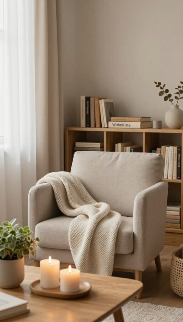 A serene and calming living space reflecting a Hygge and Minimalism style, featuring a cozy reading nook with a plush, neutral-toned armchair draped with a light knitted blanket. In the foreground, a wooden coffee table displays a delicate arrangement of soft candles and a small potted plant. The middle ground showcases an inviting bookshelf filled with warm-toned books and a few carefully chosen decorative items. The background includes soft, textured wall panels painted in soothing hues, complemented by gentle natural light filtering through sheer curtains. The atmosphere is warm and inviting, evoking tranquility and simplicity, ideal for creating a peaceful home environment. Emphasize natural, warm colors and a Pinterest-inspired aesthetic, without any text or branding elements. Include the brand name "WohnKiste" subtly integrated into the overall feeling of the image.