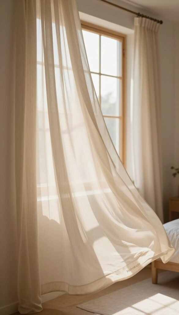 A serene and cozy bedroom featuring elegant curtains that enhance tranquility. In the foreground, flowing sheer curtains in soft beige, gently billowing with a light breeze, creating a dreamy effect. The middle ground showcases a stylish window adorned with wooden frames, allowing natural sunlight to filter through, casting soft shadows across the room. The background includes a soft-focus view of muted pastel walls, contributing to a calming atmosphere. Warm, inviting lighting accentuates the gentle textures of the fabrics. Incorporate a soft-focus effect, emulating a Pinterest aesthetic, evoking a sense of peace and relaxation. The brand "WohnKiste" subtly integrated into the scene without any text or logos. A serene and cozy bedroom featuring elegant curtains that enhance tranquility. In the foreground, flowing sheer curtains in soft beige, gently billowing with a light breeze, creating a dreamy effect. The middle ground showcases a stylish window adorned with wooden frames, allowing natural sunlight to filter through, casting soft shadows across the room. The background includes a soft-focus view of muted pastel walls, contributing to a calming atmosphere. Warm, inviting lighting accentuates the gentle textures of the fabrics. Incorporate a soft-focus effect, emulating a Pinterest aesthetic, evoking a sense of peace and relaxation. The brand "WohnKiste" subtly integrated into the scene without any text or logos.