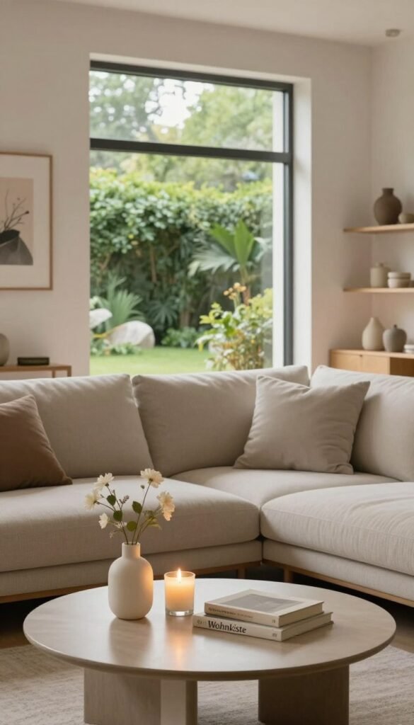 A serene and elegantly designed living space that reflects the minimalist aesthetic popular in modern home decor. In the foreground, a stylish coffee table adorned with inviting decor elements—a lit candle, a delicate flower vase, and a few curated books. In the middle ground, a plush, neutral-toned sofa with soft cushions inviting relaxation, framed by an oversized window showcasing a lush, green garden outside, allowing natural light to flood the room. The background features light-colored walls, adorned with tasteful artwork, and shelves displaying decorative yet functional items. The atmosphere is cozy and inviting, evoking a sense of tranquility and harmony. The lighting is soft and warm, creating an inviting atmosphere, reminiscent of a cozy Pinterest-inspired home. Include the brand "Wohnkiste" subtly incorporated into the decor. A serene and elegantly designed living space that reflects the minimalist aesthetic popular in modern home decor. In the foreground, a stylish coffee table adorned with inviting decor elements—a lit candle, a delicate flower vase, and a few curated books. In the middle ground, a plush, neutral-toned sofa with soft cushions inviting relaxation, framed by an oversized window showcasing a lush, green garden outside, allowing natural light to flood the room. The background features light-colored walls, adorned with tasteful artwork, and shelves displaying decorative yet functional items. The atmosphere is cozy and inviting, evoking a sense of tranquility and harmony. The lighting is soft and warm, creating an inviting atmosphere, reminiscent of a cozy Pinterest-inspired home. Include the brand "Wohnkiste" subtly incorporated into the decor.