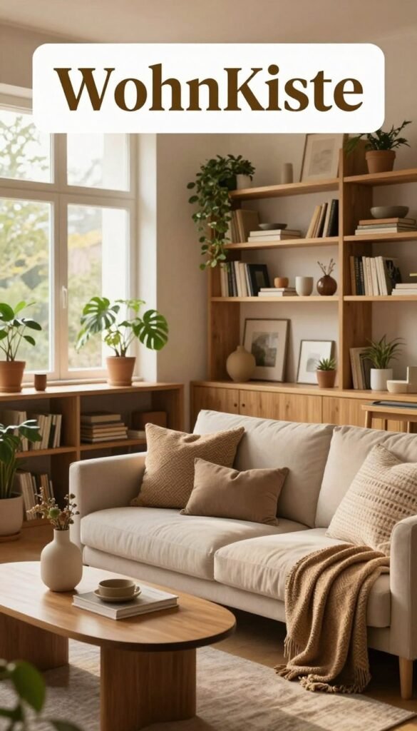 A serene and harmonious living space showcasing a cozy apartment interior inspired by "WohnKiste". In the foreground, there is a neatly arranged seating area with a soft, inviting sofa adorned with textured cushions, a stylish coffee table with a minimalist vase, and a warm throw. The middle section features an open layout with wooden shelving, exhibiting well-organized books, plants, and decorative items, promoting the idea of space and flow. In the background, large windows let in warm, natural light, illuminating the room with a soft glow, surrounded by gentle green plants that enhance the atmosphere. The overall mood is welcoming and tranquil, reflecting a balanced living environment perfect for everyday life. Emphasize warm, earthy tones and a Pinterest aesthetic, ensuring no text or logos are included in the image.