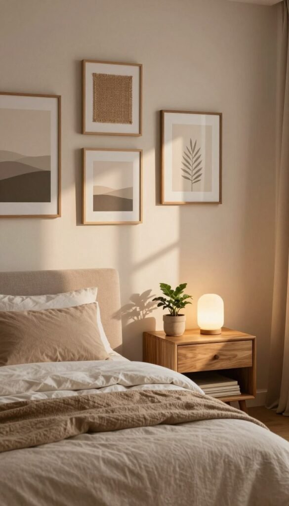 A serene and inviting bedroom interior that reflects a calm atmosphere, with focused wall decor that incorporates natural elements and textures. In the foreground, a cozy bed with soft, muted linens in warm tones rests against a textured accent wall showcasing minimalist artwork reflecting soothing landscapes. In the middle, a stylish, wooden nightstand holds a small potted plant and a softly glowing lamp, enhancing the tranquil mood. The background features an elegantly arranged wall with subtle lighting that casts gentle shadows, highlighting the decorative pieces, including woven textiles and framed artwork. The overall color palette is warm and earthy, creating a Pinterest-worthy aesthetic. Capture the essence of WohnKiste's brand through this authentic depiction, emphasizing light and structure in the space, ensuring no text or branding appears in the image.