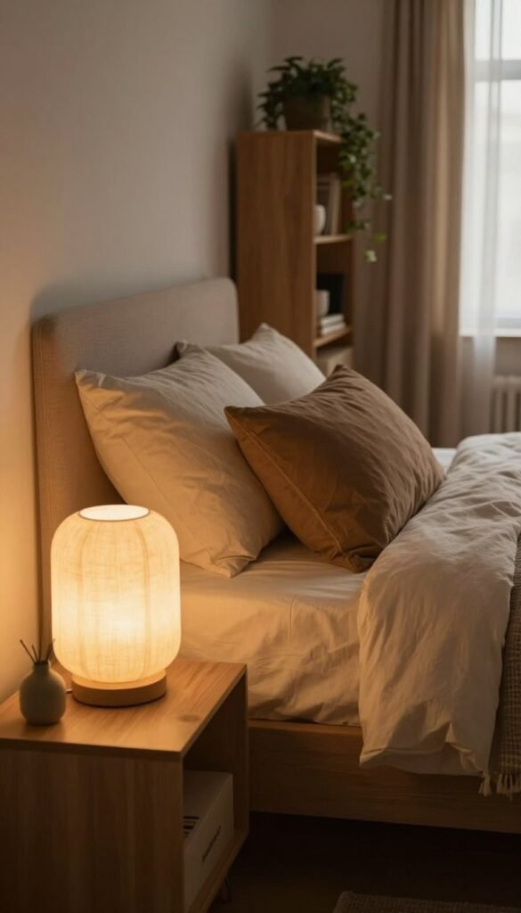 A serene and inviting bedroom scene featuring warm, indirect lighting that creates a cozy atmosphere. In the foreground, a stylish bedside table adorned with a soft, textured lamp emitting a gentle glow. The middle ground showcases a beautifully made bed with layered linens in earthy tones, complemented by plush pillows. Nearby, a stylish bookshelf filled with decorative items and soft greenery adds a touch of nature. The background reveals softly draped curtains that filter the warm light from a window, enhancing the tranquil ambiance. The overall mood is peaceful and relaxing, reminiscent of a Pinterest-inspired aesthetic—natural, warm colors dominate the scene. Capture a sense of comfort and harmony perfect for "WohnKiste", focusing on the beauty of intimate, inviting spaces.