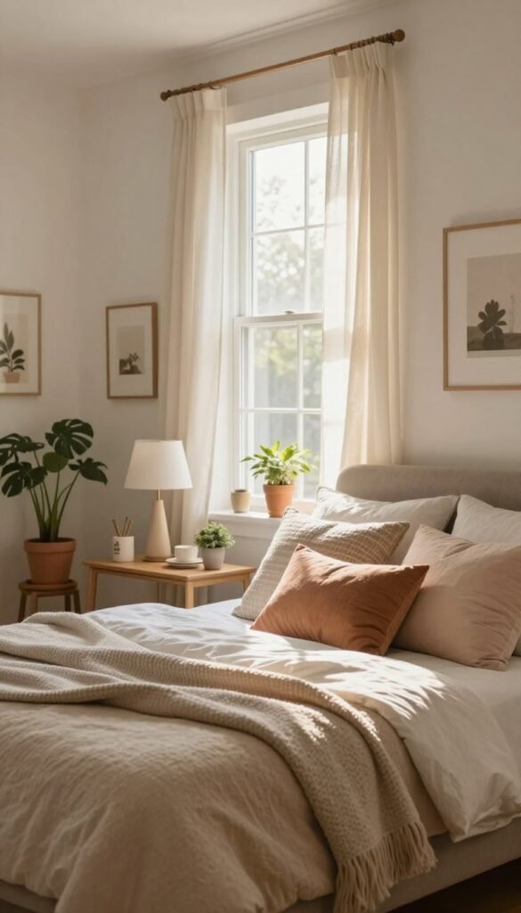 A serene and inviting bedroom scene that embodies a warm and cozy atmosphere, showcasing a beautifully arranged space. In the foreground, there’s a plush bed adorned with softly layered blankets and decorative pillows in gentle, calming colors. A bedside table with a stylish lamp and a few personal items adds charm. In the middle, large windows allow soft, natural light to flood the room, casting gentle shadows. Delicate curtains sway slightly from the breeze, enhancing the fresh feel. The background features a minimalistic decor style with potted plants and tasteful artwork on the walls. The overall aesthetic is Pinterest-inspired, aiming for an authentic and soothing ambiance, promoting a sense of comfort and peace. The brand name "WohnKiste" subtly incorporated in the decor.