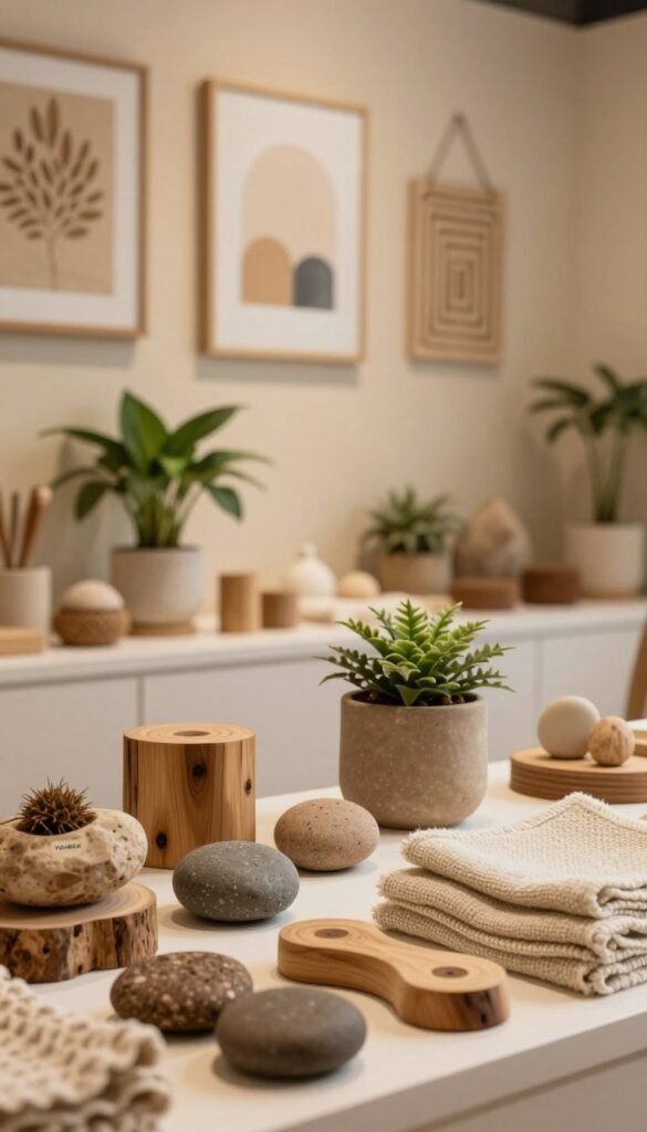 A serene and inviting display of natural materials for sustainable decor. In the foreground, gracefully arranged wooden pieces, earthy stones, and handwoven fabrics. The middle ground features soft lighting highlighting an assortment of eco-friendly decorative items, such as potted plants and organic textures. In the background, a warm-toned wall adorned with minimalist art made from recycled materials enhances the Pinterest-inspired aesthetic. The overall atmosphere exudes authenticity and warmth, creating a harmonious blend of nature and design. The lens captures the scene in soft focus, with a gentle bokeh effect, emphasizing the beauty of sustainable choices. The brand "WohnKiste" subtly integrated into the decor elements, conveying a commitment to eco-friendly and beautiful solutions.