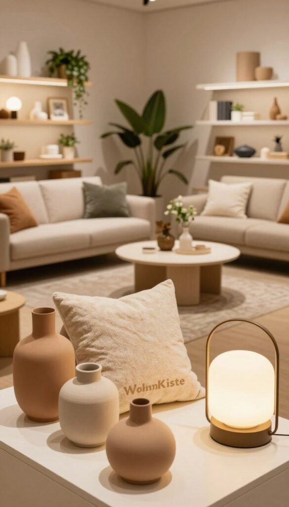 A serene and inviting interior scene showcasing a thoughtfully curated selection of home decor products from the brand "WohnKiste". In the foreground, display a stylish array of decorative items such as chic vases, cozy throw pillows, and elegant lighting fixtures, all in warm, natural colors that create a harmonious atmosphere. The middle ground features a beautifully arranged living space with a modern sofa, a stylish coffee table, and houseplants that add a touch of greenery. In the background, softly lit shelves displaying various home decor options, creating a Pinterest-inspired aesthetic. Use soft, warm lighting to evoke a cozy mood, and depict the scene from a slightly elevated angle to enhance depth. Ensure the image is authentic and free from any text or watermarks. A serene and inviting interior scene showcasing a thoughtfully curated selection of home decor products from the brand "WohnKiste". In the foreground, display a stylish array of decorative items such as chic vases, cozy throw pillows, and elegant lighting fixtures, all in warm, natural colors that create a harmonious atmosphere. The middle ground features a beautifully arranged living space with a modern sofa, a stylish coffee table, and houseplants that add a touch of greenery. In the background, softly lit shelves displaying various home decor options, creating a Pinterest-inspired aesthetic. Use soft, warm lighting to evoke a cozy mood, and depict the scene from a slightly elevated angle to enhance depth. Ensure the image is authentic and free from any text or watermarks.