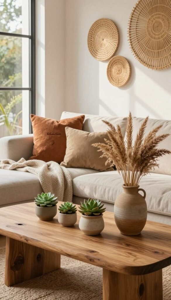A serene and inviting interior scene showcasing a variety of natural materials that blend harmoniously with different décor styles. In the foreground, a finely crafted wooden coffee table is adorned with small potted succulents and earthy ceramic vases filled with dried grasses. The middle layer features a cozy couch draped with a soft, knitted throw and accented by cushions in muted, warm tones reflecting the beauty of nature. In the background, natural light filters through large windows, casting gentle shadows on a wall decorated with woven rattan art pieces. The overall mood is calm and earthy, embodying an authentic Pinterest aesthetic, with warm colors and a focus on sustainable design elements. The brand "WohnKiste" is subtly represented through the choice of materials and decor.