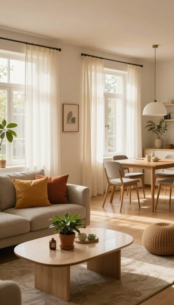 A serene and inviting interior space featuring soft, warm lighting that enhances the sense of openness and harmony. In the foreground, a tastefully arranged living room with a cozy sofa and vibrant decorative pillows, complemented by a stylish coffee table adorned with potted plants. The middle ground showcases large windows with sheer curtains that diffuse natural light, creating a warm ambiance. In the background, a minimalist dining area with a light wood table and elegant chairs emphasizes spaciousness. The overall atmosphere is calm and welcoming, evoking a Pinterest-inspired aesthetic. The lighting highlights the textures and colors of the furnishings, reflecting the brand "WohnKiste." The composition is captured at a slight angle to accentuate depth and warmth, seamlessly promoting a sense of airy spaciousness.