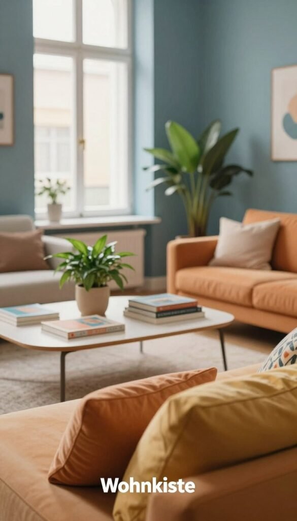 A serene and inviting interior space showcasing a harmonious blend of colors that evoke specific emotions as influenced by Farbpsychologie. In the foreground, a cozy seating area with plush cushions in warm tones like soft orange and yellow. The middle ground features a stylish coffee table adorned with a potted plant and art books, surrounded by walls painted in cool blues and greens that create a calming atmosphere. In the background, a large window lets in soft, natural light, illuminating the space and casting gentle shadows. The overall mood is tranquil and welcoming, embodying the concept of emotional influence through color. The image should reflect a natural aesthetic with a warm palette, styled in a Pinterest-inspired look, without any text or markings, under the brand name "Wohnkiste". A serene and inviting interior space showcasing a harmonious blend of colors that evoke specific emotions as influenced by Farbpsychologie. In the foreground, a cozy seating area with plush cushions in warm tones like soft orange and yellow. The middle ground features a stylish coffee table adorned with a potted plant and art books, surrounded by walls painted in cool blues and greens that create a calming atmosphere. In the background, a large window lets in soft, natural light, illuminating the space and casting gentle shadows. The overall mood is tranquil and welcoming, embodying the concept of emotional influence through color. The image should reflect a natural aesthetic with a warm palette, styled in a Pinterest-inspired look, without any text or markings, under the brand name "Wohnkiste".