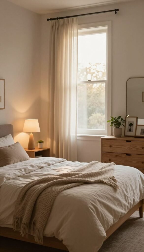 A serene and inviting light bedroom, designed with natural materials and warm colors, reflecting a Pinterest-inspired aesthetic. In the foreground, a cozy bed with soft, neutral-toned linens and a textured blanket, accompanied by a stylish yet minimalistic nightstand featuring a calming lamp and a small potted plant. The middle ground showcases a spacious window adorned with sheer curtains that gently diffuse warm sunlight, casting a soft glow throughout the room. In the background, a subtle wooden dresser with decorative elements like framed photos and a mirror, enhancing the homely atmosphere. The lighting is soft and warm, evoking a sense of tranquility and comfort. Emphasize the overall peaceful vibe, ensuring no text or logos are within the image. Brand name "WohnKiste" subtly integrated into the design elements, focusing solely on the bedroom’s ambiance.