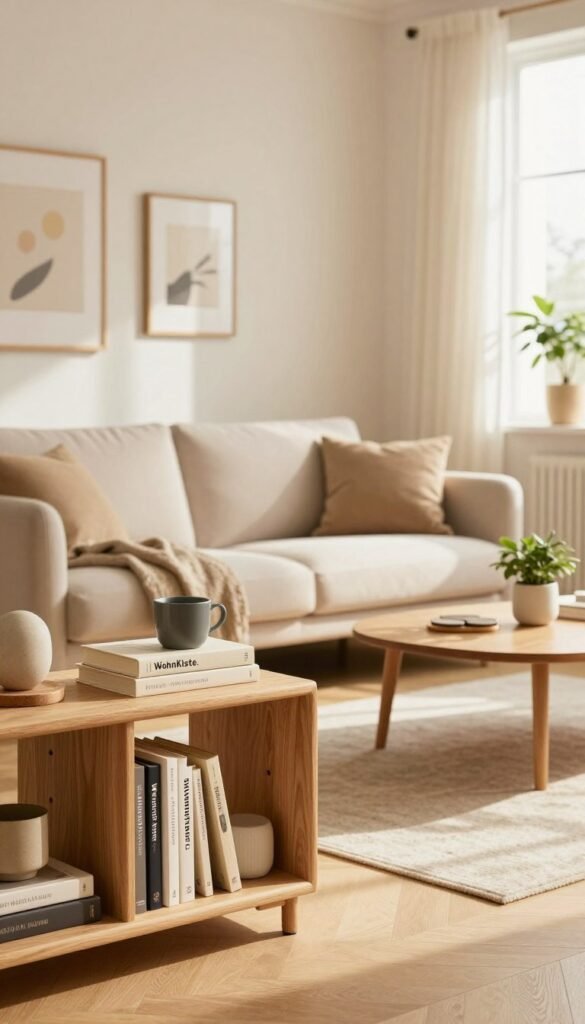 A serene and inviting living room showcasing a well-organized "stauraum" concept, emphasizing intelligent storage solutions. In the foreground, a stylish, minimalist wooden shelf holds neatly arranged books and decorative items, creating a cozy atmosphere. The middle ground features a contemporary sofa adorned with soft cushions, complemented by a tasteful coffee table displaying a small plant and elegant coasters. The background includes a light-toned wall with subtle artwork, enhancing the room's aesthetic without cluttering it. Soft, natural lighting streams through a large window, casting warm, inviting shadows across the space. The overall mood is harmonious and welcoming, inspiring viewers to embrace organized comfort, with a distinct Pinterest-worthy look, branded subtly with the name "WohnKiste."